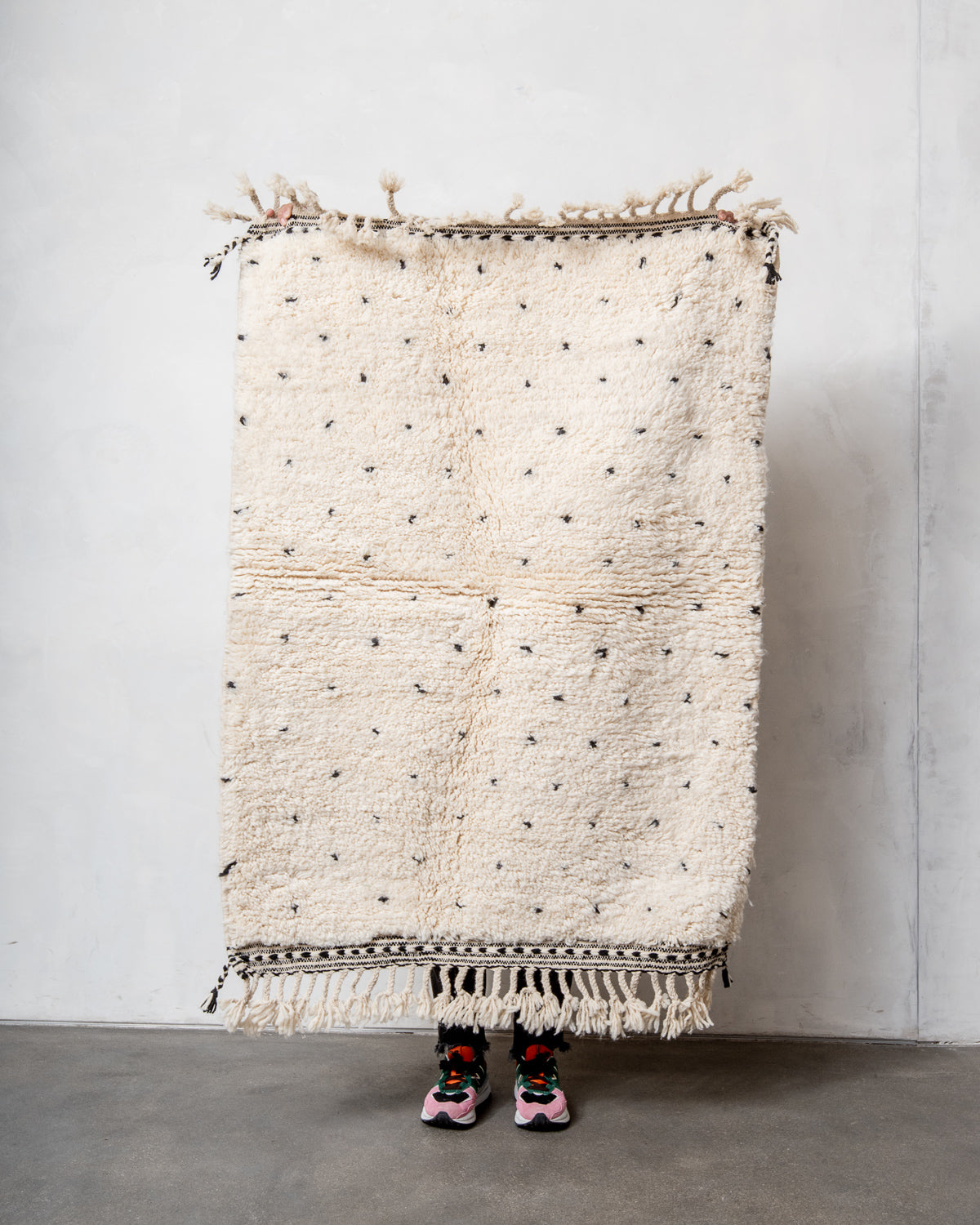 Modern, designer, handcrafted Berber rug from Morocco. Beniourain carpet with beautiful colours and patterns and fluffy wool texture.